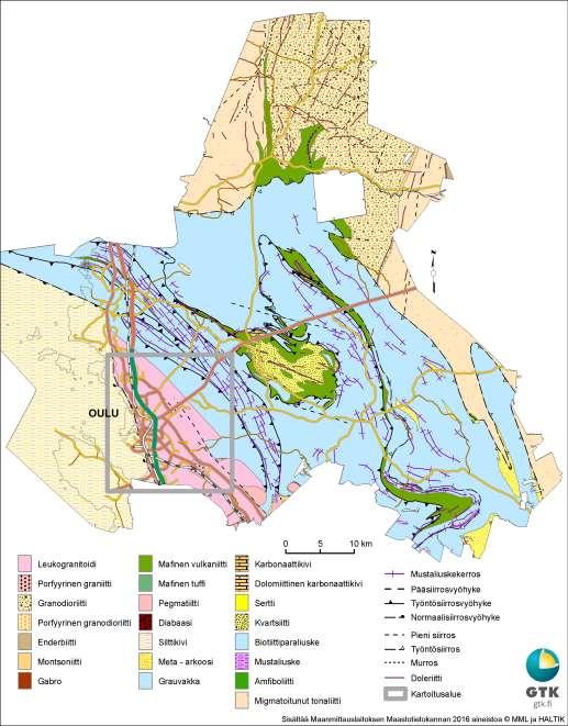 GEOLOGIAN TUTKIMUSKESKUS Oulun taustapitoisuudet 5 Kuva 3. Oulun kaupungin kallioperäkartta.