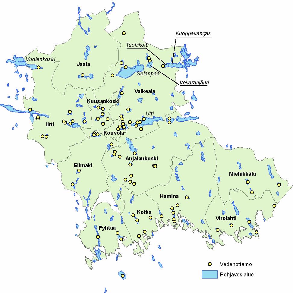 Sivu 7 3 VEDENHANKINNAN VAIHTOEHDOT 3.1 Kymenlaakson pohjavesivarat Kymenlaakson alueella on muutamia merkittäviä I luokan pohjavesialueita. Valkealan keskiosassa sijaitsee Selänpään alue.