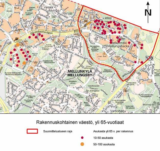 Kuva 2. Yli 65-vuotiaiden asukkaiden sijoittuminen Mellunkylän alueella. Pohjakartta: Helsingin kaupungin kiinteistövirasto, Kaupunkimittausosasto, Helsinki 014/2009.