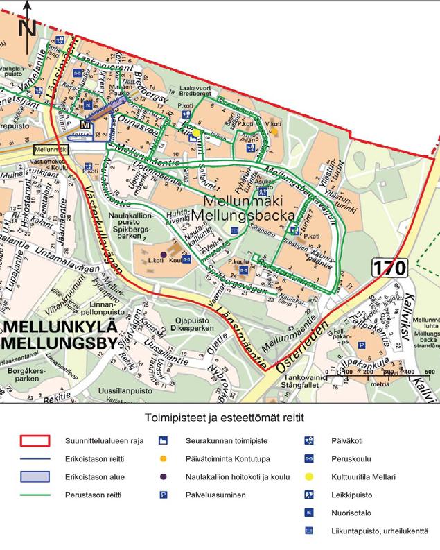 Kuva 3. Mellunmäen kartoitetut erikois- ja perustason reitit sekä keskeisimmät toimipisteet.