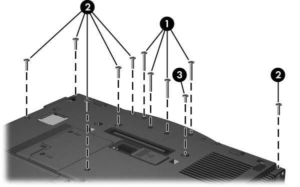 7. Irrota tietokoneen pohjassa olevat 11 kiinnitysruuvia: neljä T8M 2,0 x 18,0 -ruuvia