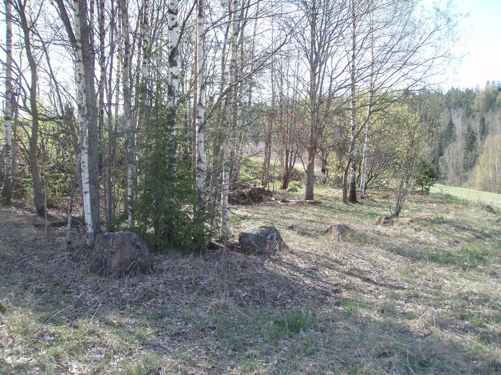 Kuva 9. Löytöalue B vastarinteessä kynnetyllä pellolla, Löytöalue A talon takana näkyvän metsäsaarekkeen vasemmassa reunassa.