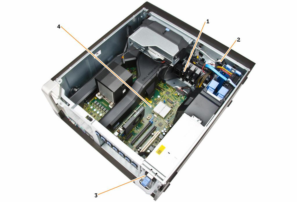 Kuva 3. T5810-tietokone sisältä 1. PCIe-kortin kiinnike 2. sisäinen kaiutin 3. virtalähde 4. emolevy Virtalähteen irrottaminen 1.