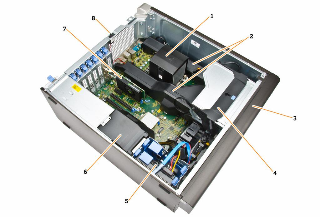 Kuva 2. T5810-tietokone sisältä 1. jäähdytyselementti ja integroitu tuuletin 2. muistin suojukset 3. etukehys 4.