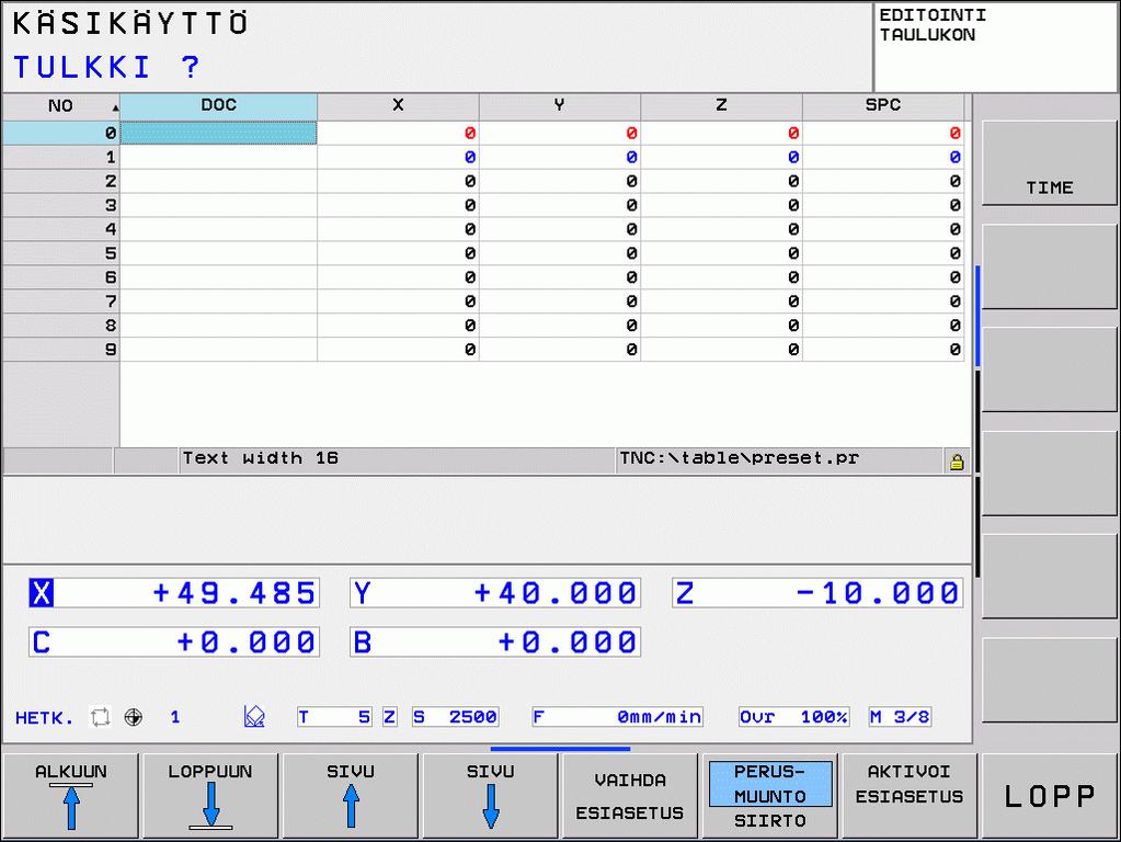 12.4 Peruspisteen asetus ilman 3D-kosketusjärjestelmää Peruspisteen hallinta esiasetustaulukon avulla Esiasetustaulukkoja tulee käyttää ehdottomasti, jos kone on varustettu kiertoakseleilla