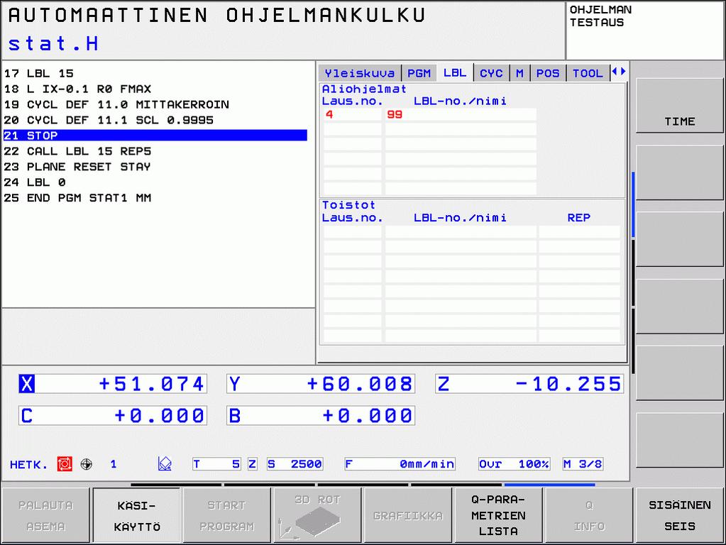 Ohjelmanosatoisto/aliohjelma (Kohde LBL) Merkitys Aktiiviset ohjelmanosatoistot lauseen numerolla, tunnusnumerolla (Label) ja ohjelmoitujen/vielä suoritettavien toistojen lukumäärä Aktiiviset