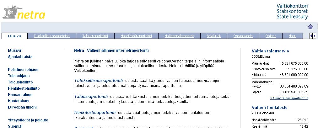 Tuloksellisuusraportit Navigointi Netra-palvelussa Talousraportit