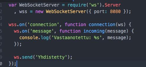 KUVA 7. WebSocket-palvelin 3.2 TCP-palvelin Seuraavaksi tutustuin Node.js:n net-kirjastoon, joka sisältää tarvittavat asiat TCP-palvelimen toteuttamiseen.