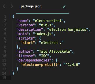 KUVA 10. package.json-tiedosto 3.5 Sovelluksen rakenne Electron-sovelluksella ei ole pakollista kansiorakennetta, vaan tiedostot voidaan ladata halutuista paikoista.