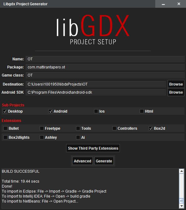 25 Kuva 11. LibGDX-projektin luominen setup-ohjelmalla. Projektin luomisen jälkeen avattiin ko. projekti IDE:ssä.