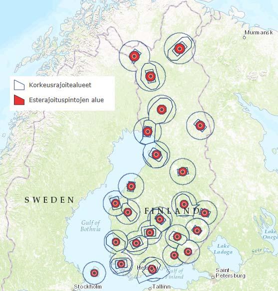 37 Kuva 6. Kuvassa on esitetty lentoliikenteen aiheuttamat korkeusrajoitusalueet sekä esterajoituspinnat 16.5.2016 tilanteen mukaisesti. Kuva laadittu ESRI:n ArcGIS-ohjelmalla. 5.