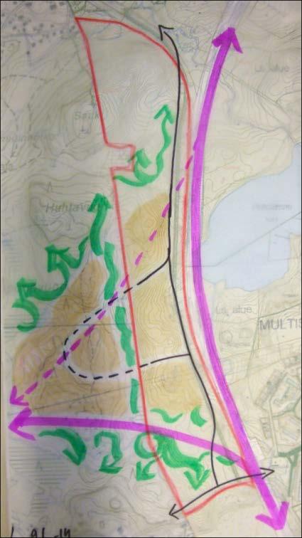 tunnelissa (katkoviiva), eteläisempi leikkauksessa alueen halki, katuyhteyttä varten silta radan yli teollisuusalue pohjoisen kallioiden ja etelän ratakuilun väliselle alueelle; tarkastelualueen