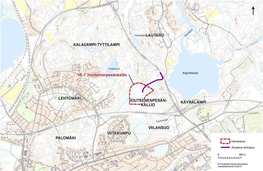 Kouvolan kaupunki, puhtaiden ylijäämämaiden läjitysalueen YVA-ohjelma 17 Kuva 5. Joutsenenpesänkallion hankealueen sijainti ja lähialueiden paikannimet.