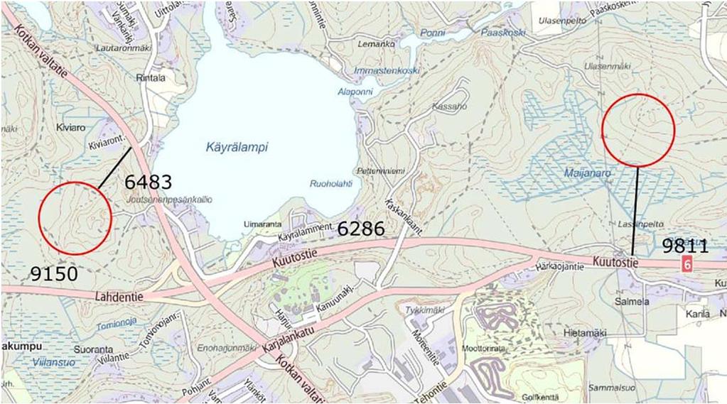 Kouvolan kaupunki, puhtaiden ylijäämämaiden läjitysalueen YVA-ohjelma 41 Kuva 23. Pääteiden liikennemäärät hankealueiden läheisyydessä vuonna 2014.