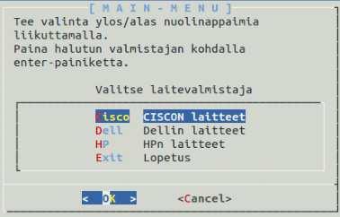 73 KUVIO 56. Päävalikko laitevalmistajan valintaa varten Edellä mainitun valikon lisäksi käyttöliittymässä valitaan myös suoritettava toiminto samanlaisesta valintaikkunasta.