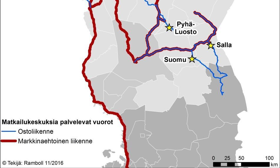 Yhteydet merkittävimpiin matkailukeskuksiin Matkailukeskuksien osalta on tarkasteltu linja-autoyhteyksiä (ELY-keskuksen hallinnoimat joukkoliikennevuorot) merkittävimpiin Lapin matkailukeskuksiin.