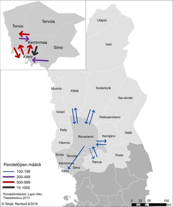 Työmatkojen suuntautuminen Merkittävimmät työssäkäyntikunnat Lapissa ovat Rovaniemi, Kemi, Tornio ja Keminmaa.