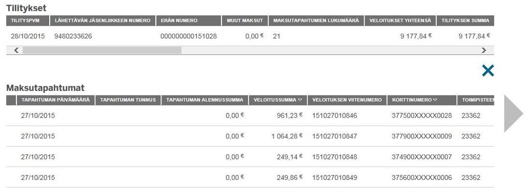 Maksutapahtumaerittelyt Erillisistä maksutapahtumista saat tietoa klikkaamalla +-merkkiä millä tahansa rivillä. Näkyviin tulee tällöin luettelo maksusuoritukseen sisältyvistä tilityksistä.