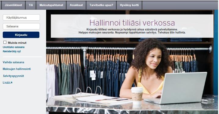 Kirjautuminen, rekisteröityminen ja maksujen hallinnointi verkossa. Kirjautuminen mene osoitteeseen americanexpress.fi/liikepalvelut.