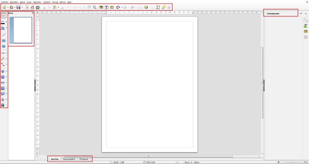 A Yleisiä ohjeita Kun käynnistät LibreOfficen, valitse tiedostoksi Draw-piirros. Avautuu tyhjä piirtonäkymä, jolle voit aloittaa piirtämisen.