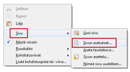 F G H I Ennen kuin aloitat piirtämisen, kannattaa tarkistaa että sivun asetukset vastaavat tarpeita. Klikkaa piirtonäkymää hiiren oikealla napilla ja valitse Sivu Sivun asetukset.