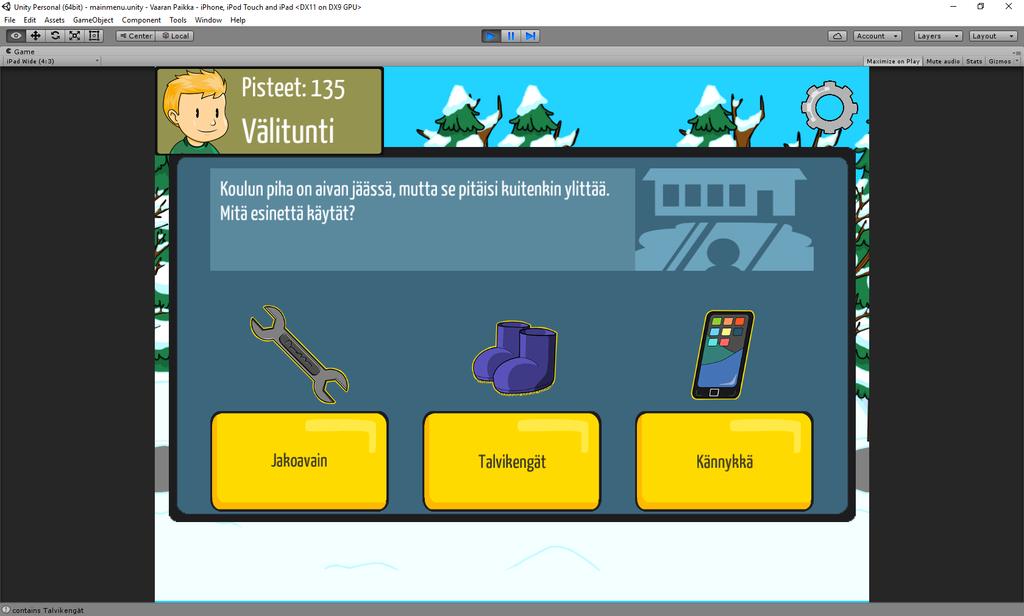 20 Vaarat ovat kuvia kuten muutkin kentässä olevat objektit. Erona on se, että painamalla vaaraa avautuu kysymysikkuna. Niille on myös annettu BoxCollider2D-komponentti.