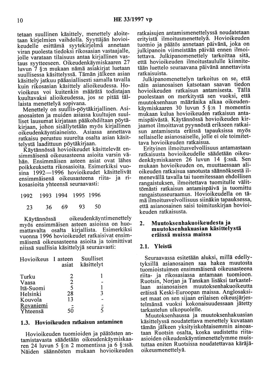 10 HE 33/1997 vp tetaan suullinen käsittely, menettely aloitetaan kirjelmien vaihdolla.