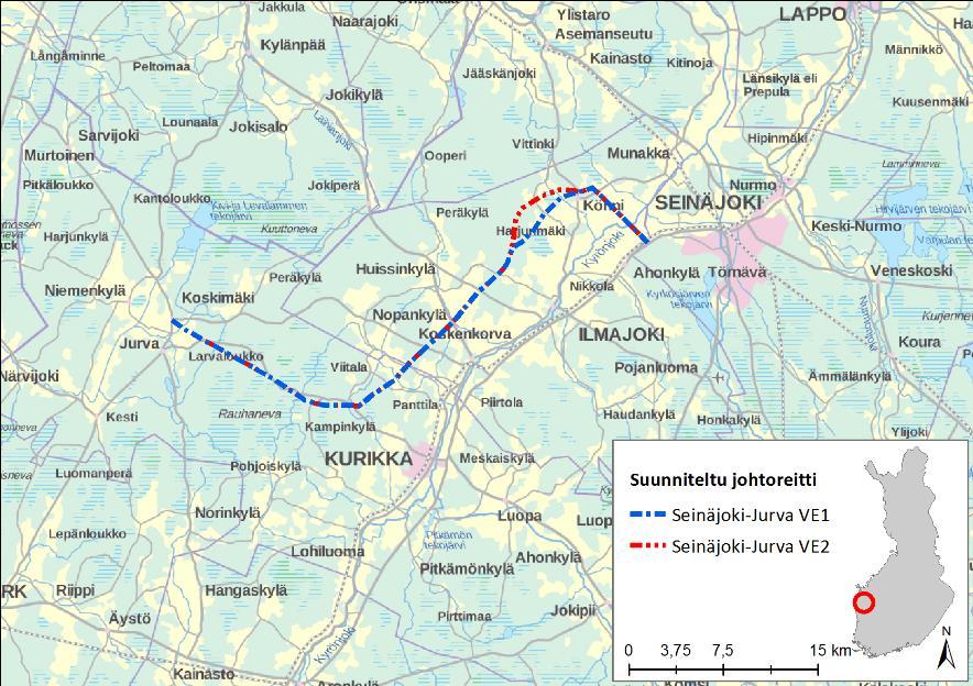 1 (80) Seinäjoki-Jurva 110 kv voimajohdon YVA-menettely 1 JOHDANTO Tässä ympäristövaikutusten arviointimenettelyssä tarkastellaan Caruna Oy:n suunnittelemaa uutta Seinäjoki Jurva 110 kilovoltin (kv)