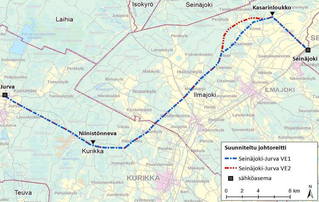 23 (80) suunniteltujen tuulivoimapuistojen liityntää voimajohtoon. Reitistä ei ole laadittu tarkempaa reittisuunnitelmaa. 5.