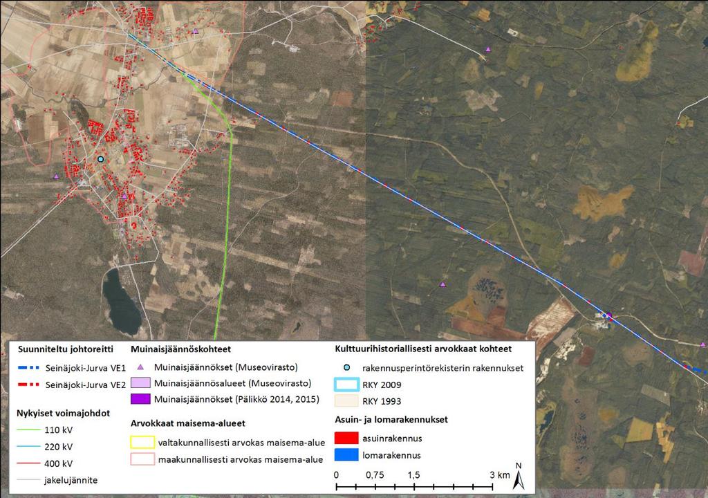 37 (80) Kuva 7-8. Voimajohdon reittivaihtoehdon ympäristön maankäyttö ilmakuvassa esitettynä.