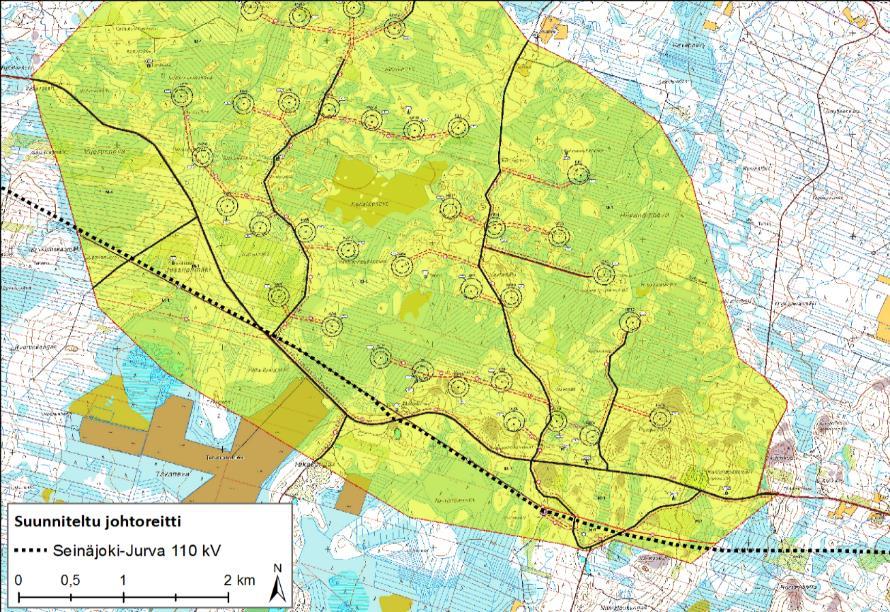 43 (80) Kuva 7-13. Kurikan kaupunginvaltuuston vuonna 2014 hyväksymä Kalistannevan tuulivoimapuiston osayleiskaava. Suunniteltu Seinäjoki-Jurva 110 kv voimajohtoreitti on lisätty kuvaan.