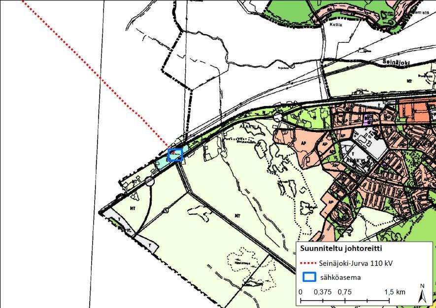45 (80) Kuva 7-15. Ote Seinäjoen yleiskaavasta. Sähköasema sijoittuu ET-alueelle. Suunniteltu Seinäjoki-Jurva 110 kv voimajohtoreitti on lisätty kuvaan.