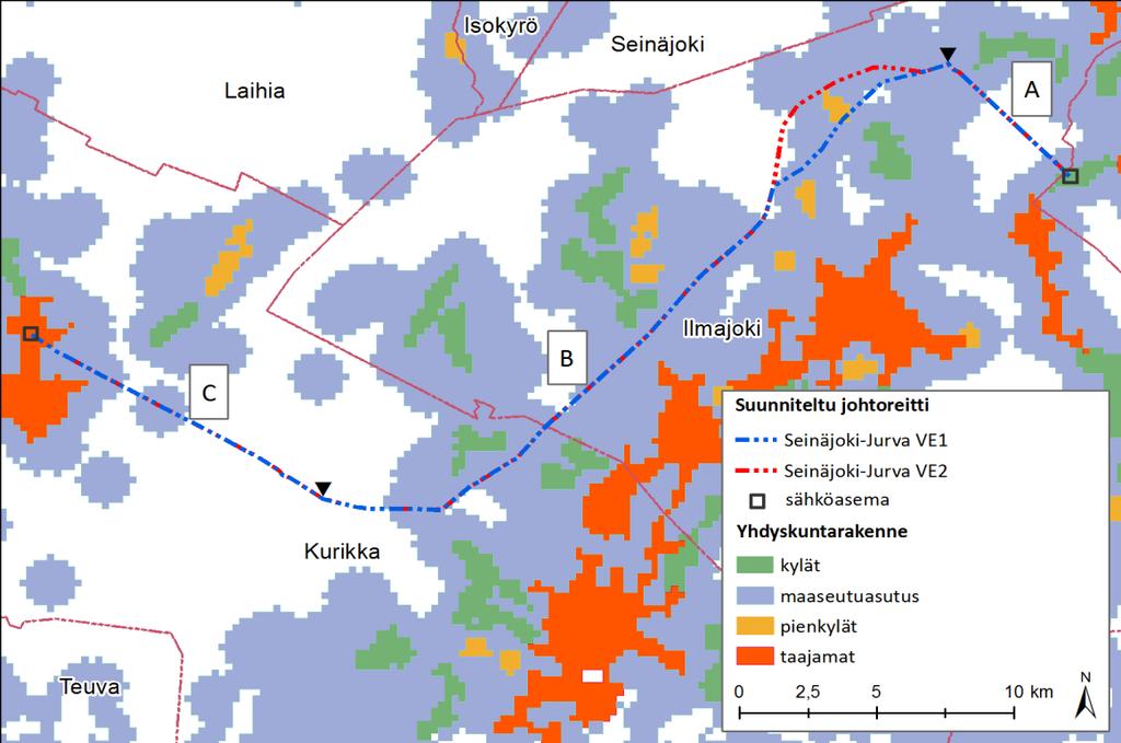 70 (80) Kuva 7-35. Johtoreitin varrella oleva yhdyskuntarakenne YKR-aineiston mukaisella jaotuksella. Ilmajoella oli asukkaita 31.12.2015 noin 12 159 ja Kurikassa 21 734.