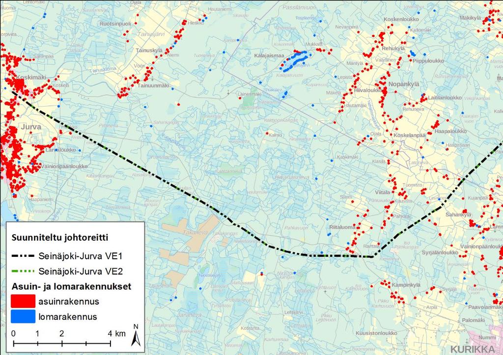 72 (80) Kuva 7-37. Johtoreitin lähiympäristössä oleva asutus Kurikan ja Ilmajoen alueella.