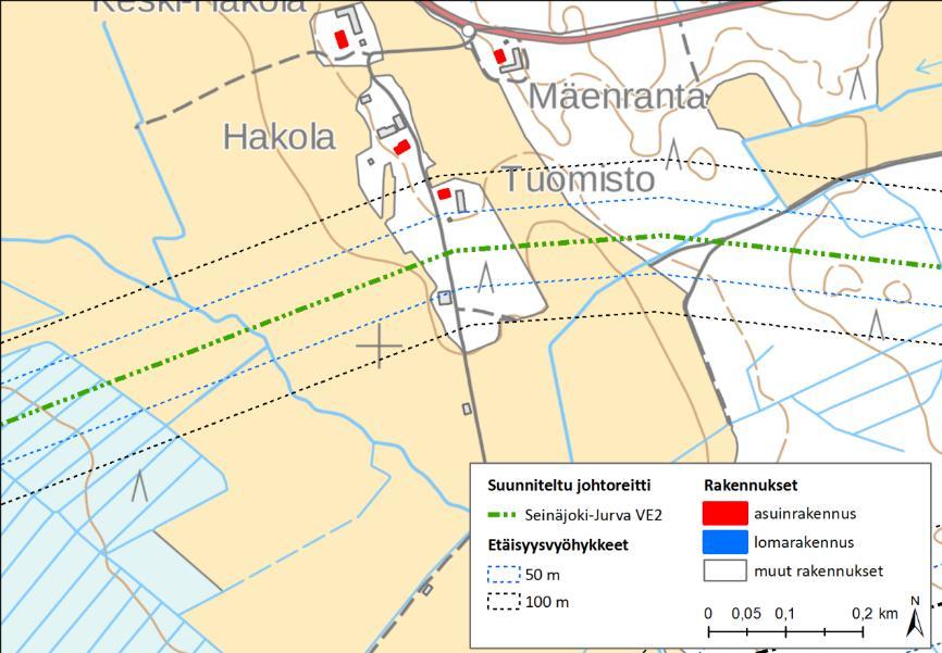 Vajaan 100 metrin etäisyydellä voimajohdosta on yksi asuinrakennus sekä kaksi muuta rakennusta. Kuva 7-39.