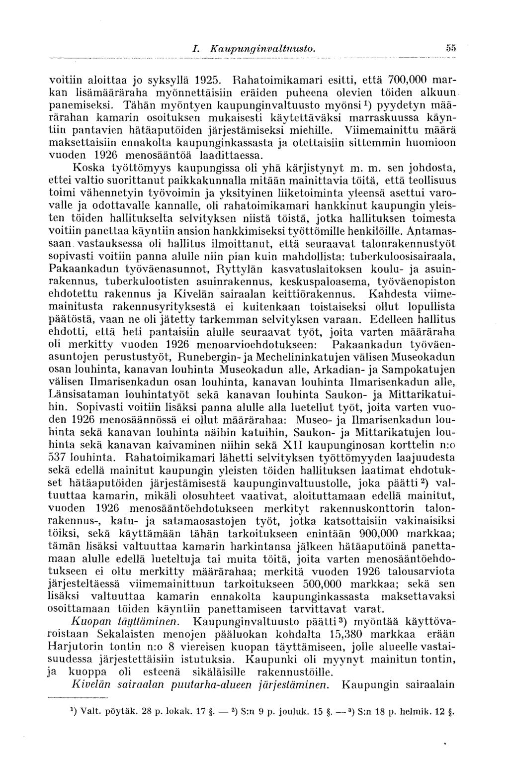 55 voitiin aloittaa jo syksyllä 1925. Rahatoimikamari esitti, että 700,000 markan lisämääräraha myönnettäisiin eräiden puheena olevien töiden alkuun panemiseksi.