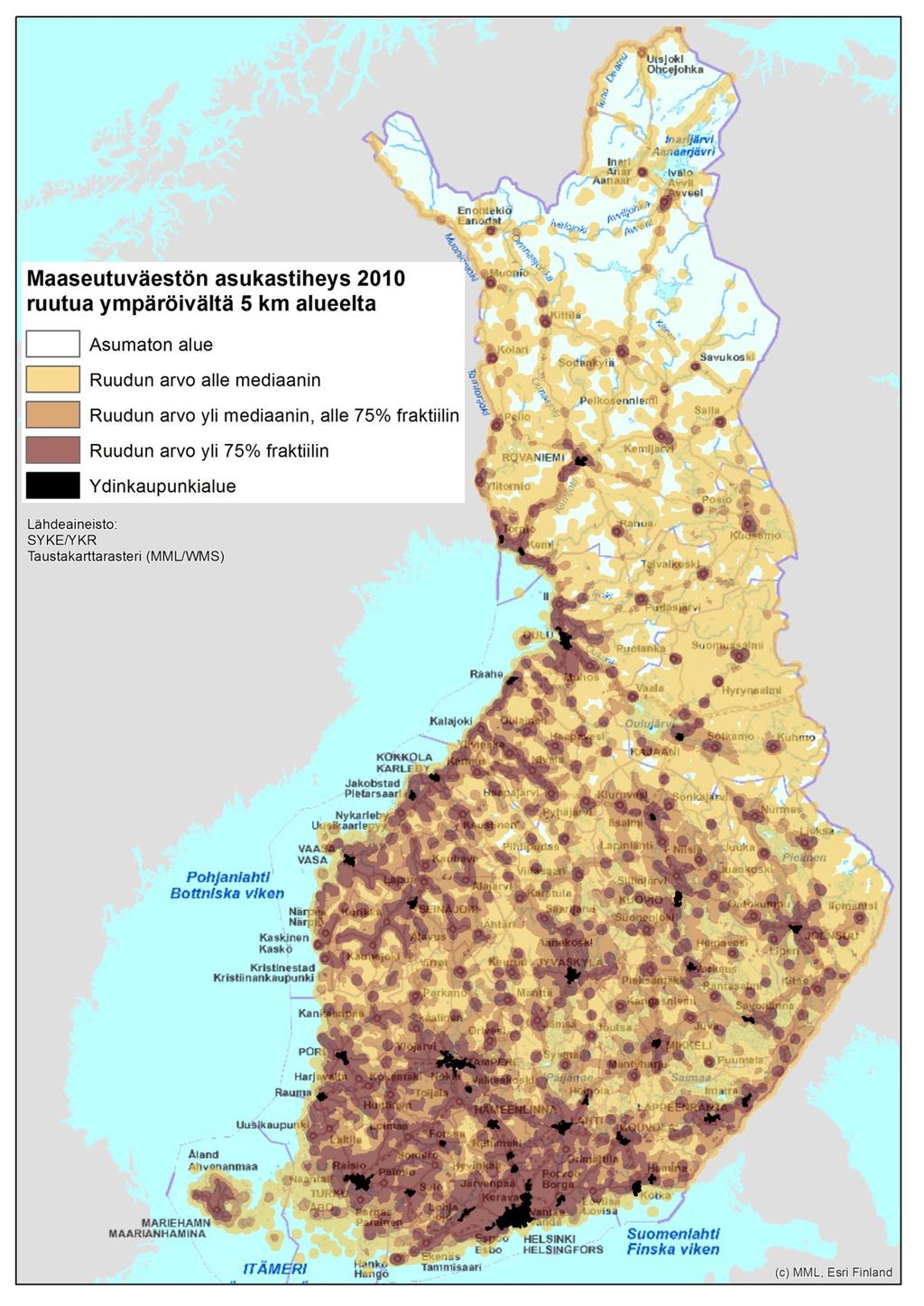 Liite 3. Maaseutuväestön asukastiheys 2010.