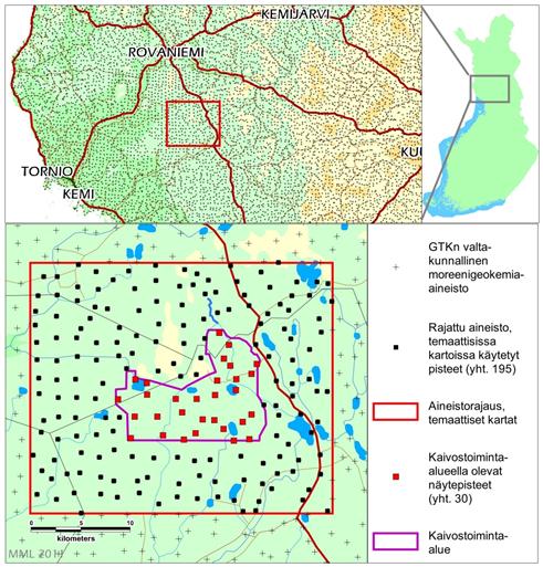 76 Kuva 3-17. Geologian tutkimuskeskuksen moreeniaineiston kattavuus Suhangon kaivosalueella. Kaivosalueen näytteenottopisteet on esitetty punaisella. 3.8.