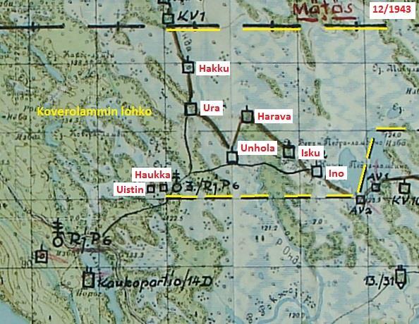 Lohkon kenttävartioiden nimet, sijainnit ja miehitys 12/1943 Miehitys 27.11.1943 (3./Rj.P6 spk 21209 s.30) KV Ino 1+5+17 = 23 1kiv.r.+tjue KV Isku 0+3+10 = 13 1kiv.r.+1kk.r.+tjue KV Harava 1+3+28 = 32 3kiv.