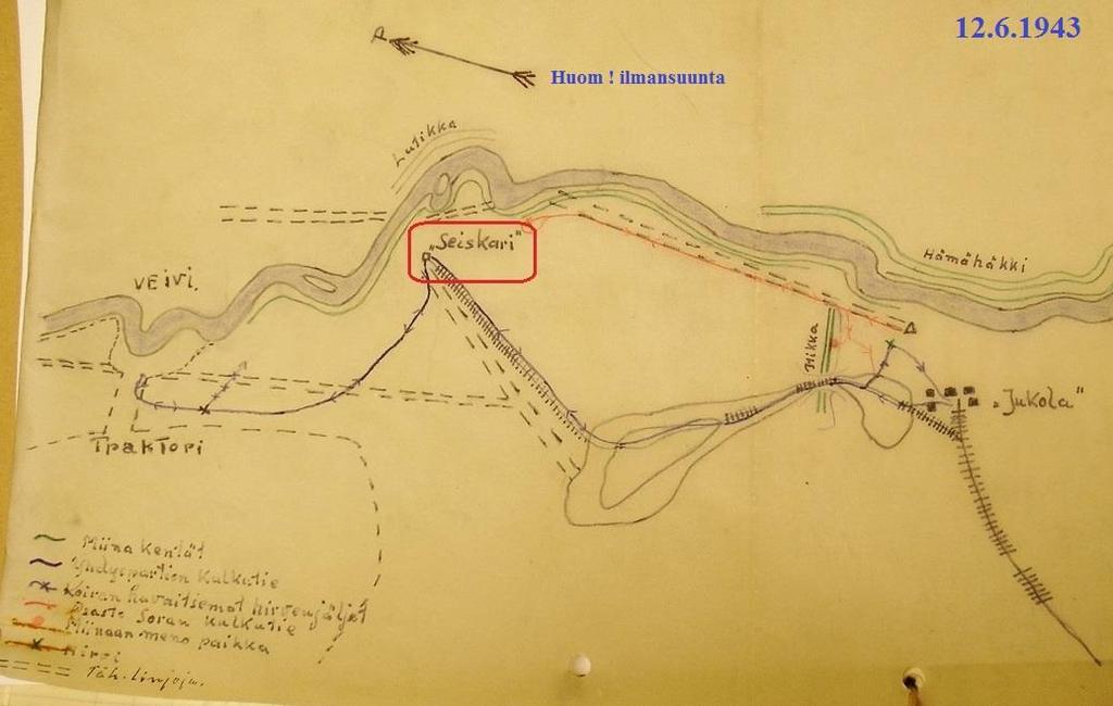 AV>KV Kari Seiskari Räme - Kuukkeli Hakku Uimuri Veteraanihaastattelu / Pentti Hytönen: Alkuunhan tämä Saaren (kartassa Jukola) tukikohta oli tosiaan äärimmäinen vasemmalla, mutta sitten avattiin