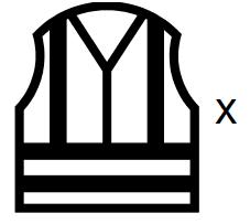 Merkinnän kuvatunnus eli piktogrammi EN ISO 20471:2013 Piktogrammin eli kuvatunnuksen vieressä oleva numero (tässä kuvassa X) = Kertoo vaatteen näkyvyyden suojausluokan (1-3). 3 =paras. Esim.
