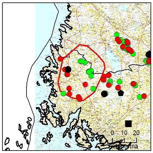 6.2016-22.1.2017), 5 eri susiyksilöä Kuolleet 1 kpl, RK poikkeuslupa (2.2.2017) - lueella on mahdollisesti elänyt yhden lauman sijasta kaksi eri paria.