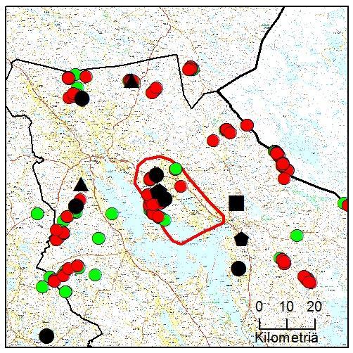 2017 2016: 32 havaintoa, 3-7 yksilöä 2017: 6 havaintoa, 3-5 yksilöä lueen koko 570 km 2 DN näytteet 66 kpl