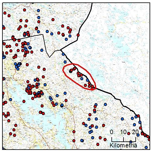 51 42. Kivivaaran rajareviiri (Pohjois-Karjala) Yksilömääräarvio: 7 Tassu- Laumahav: 27.8.