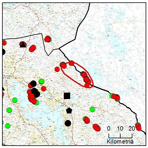 2017 2016: 13 havaintoa, 3-5 yksilöä 2017: 2 havaintoa, 6 yksilöä lueen koko 350 km 2