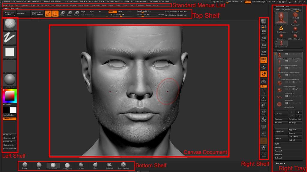 5 3.1 Käyttöliittymä Käytettävän PC-laitteen käyttöjärjestelmästä riippumatta, ZBrush 4R6 toimii 32- bittisessä tilassa, ja tästä syystä se ei pysty hyödyntämään kuin 4 Mb muistia.