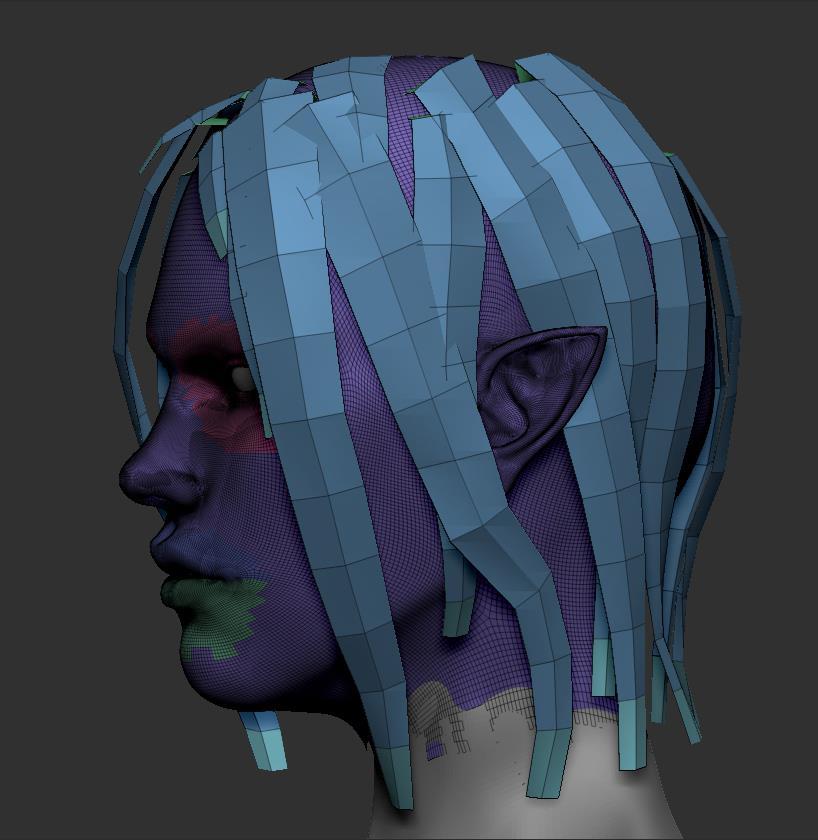 19 KUVA 13. Kuvassa ZBrushin IMM brushilla luotuja hiusplaneja (ZBrush 4R6 2014) 3.10 Hard edge-veistäminen ZBrushissa on mahdollista Hard edge-veistäminen eli kovien kulmien tai pintojen veistäminen.