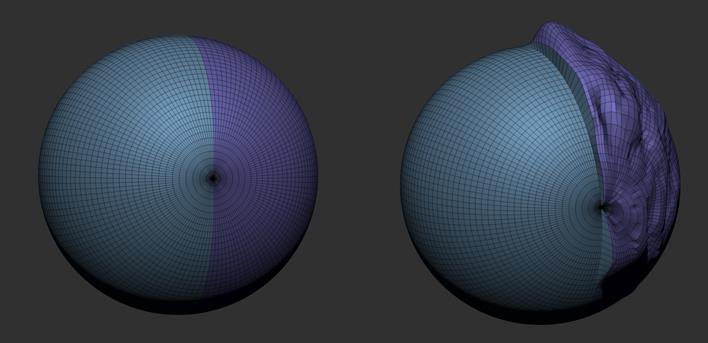 21 KUVA 14. Vasemmassa kuvassa veistämisessä on käytetty polygrouppien perusteella tapahtuvaa automaattista maskeerausta (ZBrush 4R6 2014) 3.