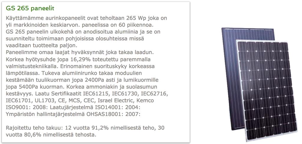39 LIITTEET Liite 1. Green Solar Oy:n aurinkopaneelit Valmistaja: Amerisolar Inc.