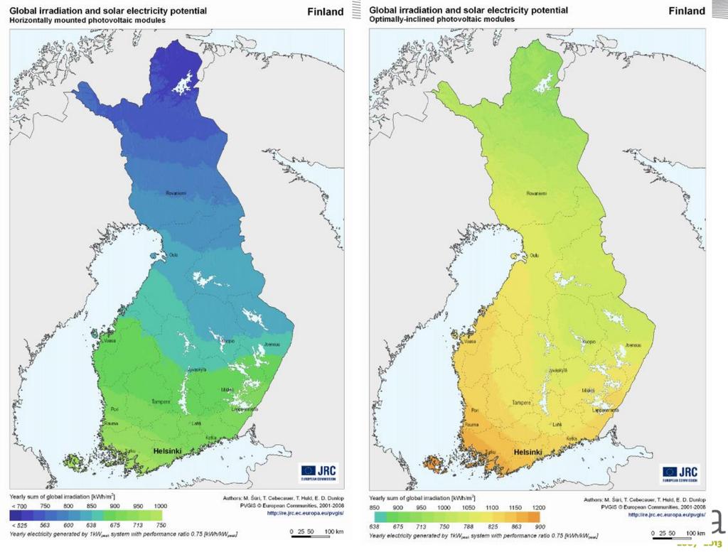 9 3 AURINKOKOPANEELIT JA ENERGIAN HYÖDYNTÄMINEN 3.1 Auringon säteilymäärä Suomessa Säteilyenergia koostuu kokonaisuudessaan suorasta säteilystä, sekä heijastuvasta hajasäteilystä.